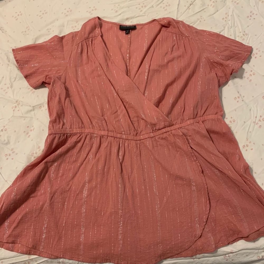 Pink and silver faux wrap top.